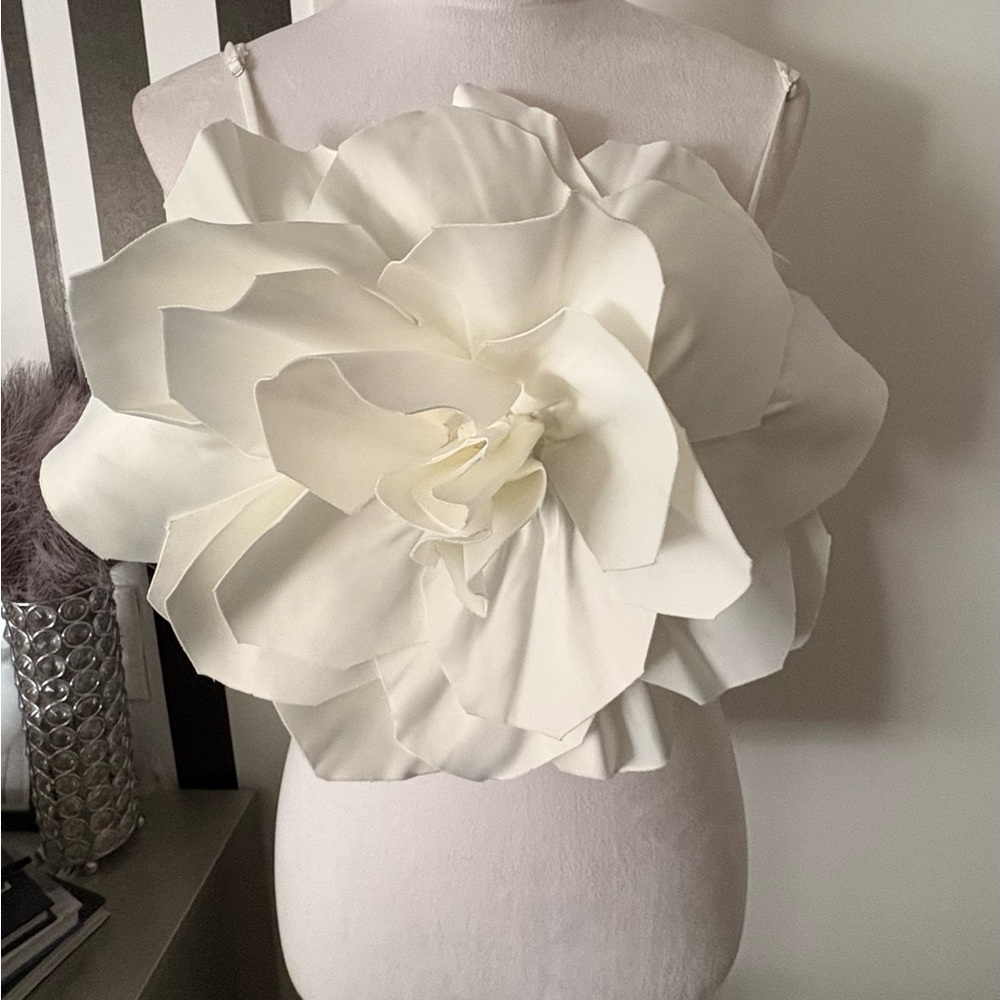 White Satin 3D Flower Crop Top and Matching Pants Set - NWT